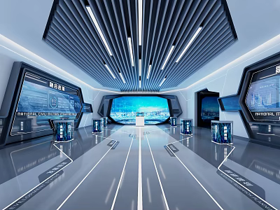 Modern Exhibition Hall Interior With Large Digital Screens And Hi Tech Interactive Displays 3d model