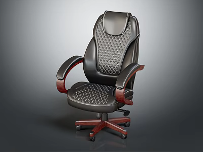 Black Leather Office Chair with Diamond Pattern Design Wooden Armrests and Wooden Base with Wheels 3d model