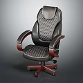 Black Leather Office Chair with Diamond Pattern Design Wooden Armrests and Wooden Base with Wheels