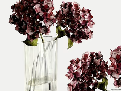 Beautiful Purple Hydrangeas Arranged in Transparent Striped Vase on White Background 3d model
