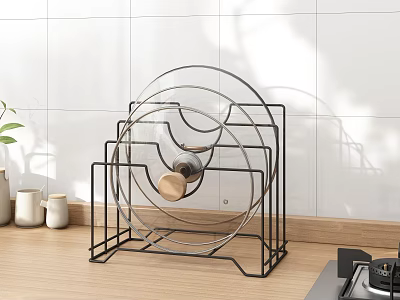 Modern Black Metal Plate Rack On Wooden Kitchen Counter With Plates And White Tile Wall 3d model