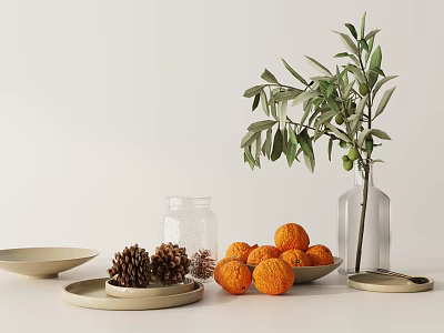 Decorative Ornament Set With Olive Branch Oranges Pine Cones Glass Jars Plates Trays And Vase 3d model