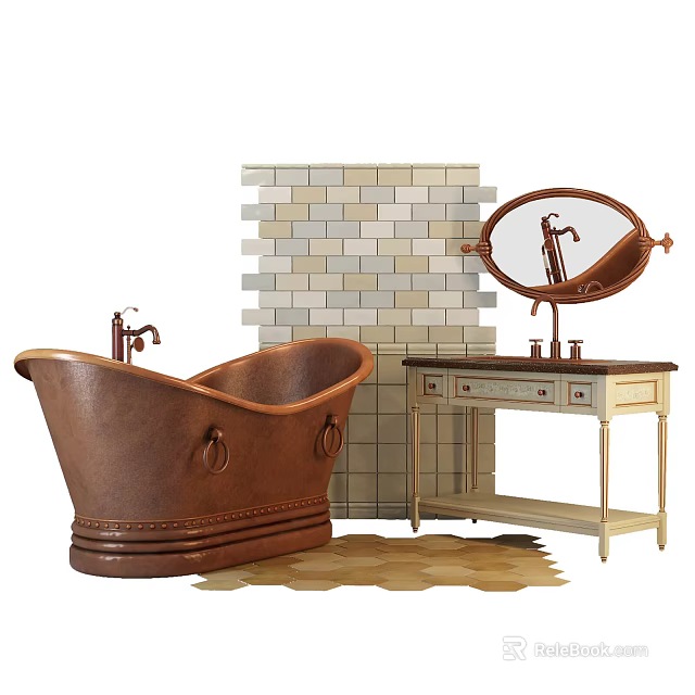 Elegant Brown Bathtub With Copper Faucet And Vanity Mirror Against Brick Wall 3d model 