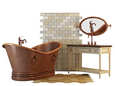 Elegant Brown Bathtub With Copper Faucet And Vanity Mirror Against Brick Wall 3d model