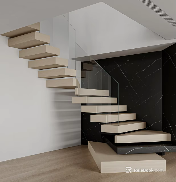 Modern Floating Stairs With Light Steps Glass Railing And Black Marble Wall 3d model 