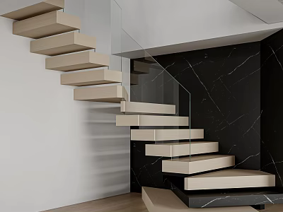 Modern Floating Stairs With Light Steps Glass Railing And Black Marble Wall 3d model