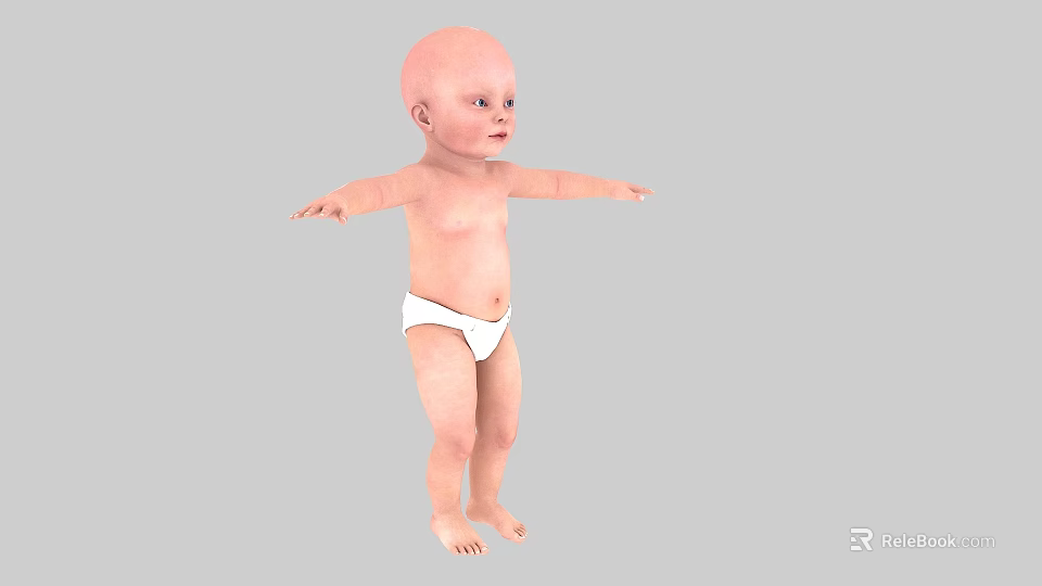 Cute Baby Standing With Arms Outstretched In White Diaper Against Gray Background 3d model 