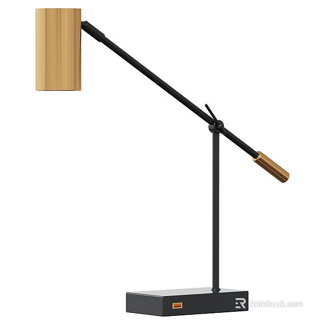 Modern Desk Lamp With Black Metal Stand Wooden Base And Brass Accents 3d model 