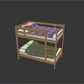 Wooden Bunk Bed Frame With Upper Lower Twin Mattresses And Plaid Sheets