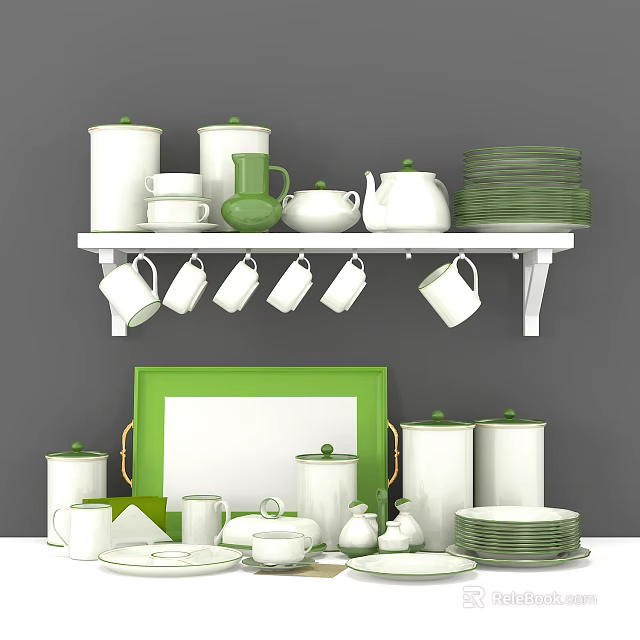 White and Green Dinnerware Set Displayed on Shelf and Table with Jars Cups and Plates 3d model 
