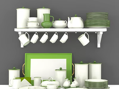 White and Green Dinnerware Set Displayed on Shelf and Table with Jars Cups and Plates 3d model