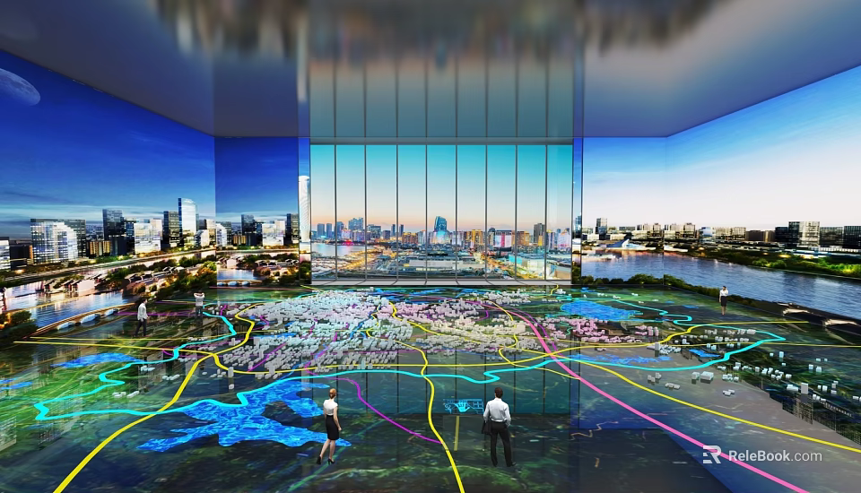 Urban Planning Model Exhibition With Large Glass Windows City Skyline Colored Floor Paths People Watching 3d model 