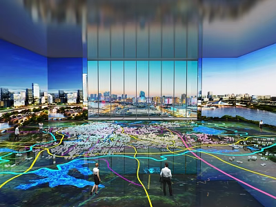 Urban Planning Model Exhibition With Large Glass Windows City Skyline Colored Floor Paths People Watching 3d model
