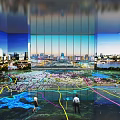 Urban Planning Model Exhibition With Large Glass Windows City Skyline Colored Floor Paths People Watching