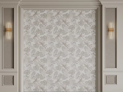 Elegant Modern Bedroom Accent Wall With Leaf Pattern Wallpaper Decorative Paneling And Wall Sconces 3d model