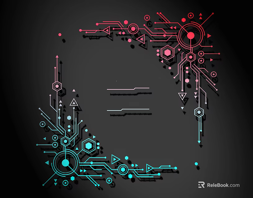 Red and Blue Lines Featuring Geometric Shapes Circuit Elements Circles Hexagons Arrows on Black Background 3d model