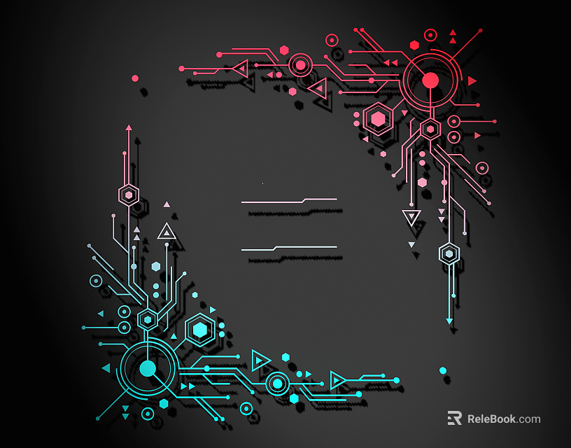 Red and Blue Lines Featuring Geometric Shapes Circuit Elements Circles Hexagons Arrows on Black Background 3d model 