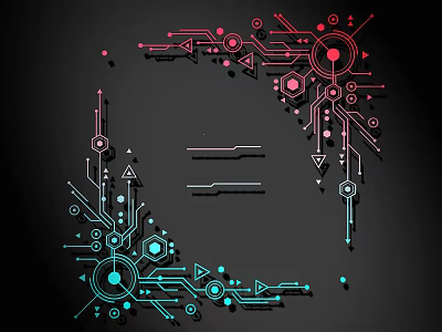Red and Blue Lines Featuring Geometric Shapes Circuit Elements Circles Hexagons Arrows on Black Background 3d model