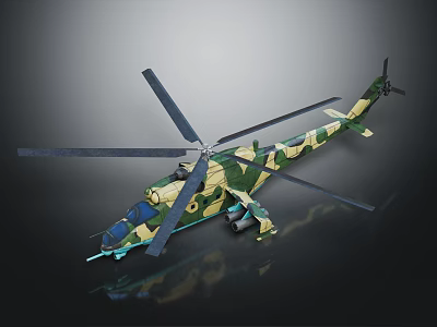 Military Camouflage Helicopter with Large Rotors Green Yellow Camouflage Pattern Weaponry Equipment Dark Background Reflection 3d model