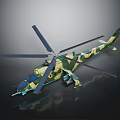 Military Camouflage Helicopter with Large Rotors Green Yellow Camouflage Pattern Weaponry Equipment Dark Background Reflection
