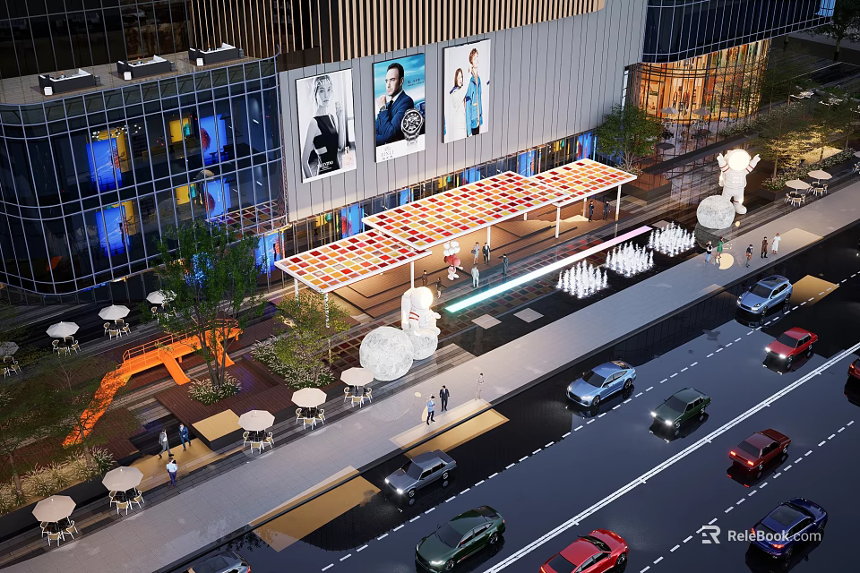 Modern Commercial Street With Glass Buildings Billboards Outdoor Seating Vehicles And Pedestrians 3d model 