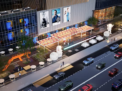 Modern Commercial Street With Glass Buildings Billboards Outdoor Seating Vehicles And Pedestrians 3d model