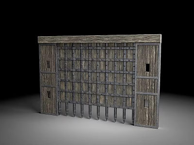 Wooden Entrance Gate Featuring Grid Design Spiked Bottom And Side Pillars 3d model