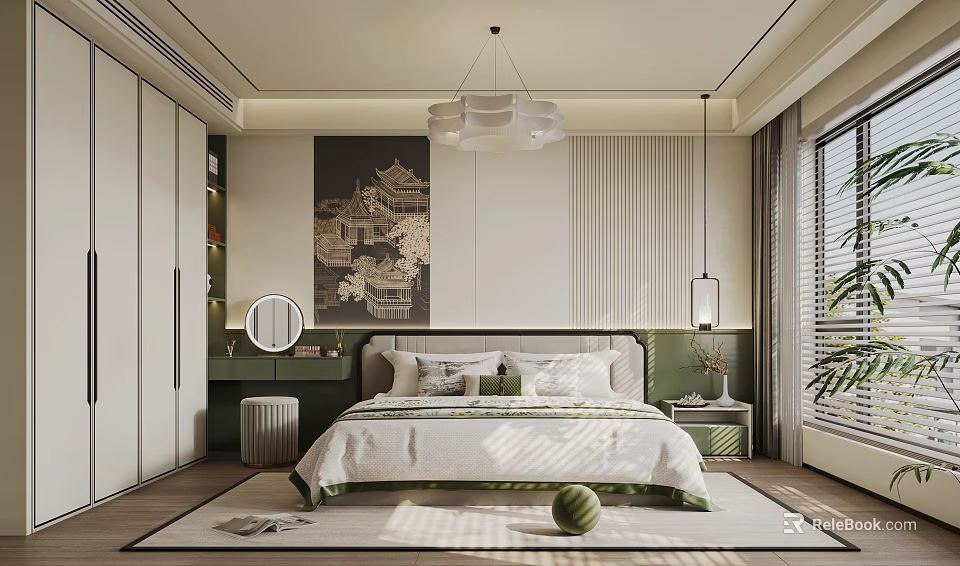 Modern Bedroom Interior With Bed Decorative Painting Pendant Light Greenery And Natural Light 3d model 