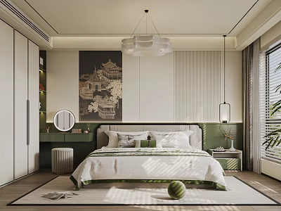 Modern Bedroom Interior With Bed Decorative Painting Pendant Light Greenery And Natural Light 3d model