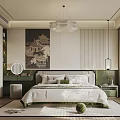 Modern Bedroom Interior With Bed Decorative Painting Pendant Light Greenery And Natural Light