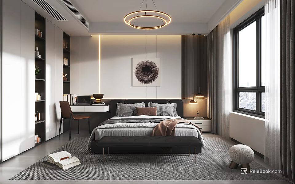 Modern Bedroom Interior Design With Bed Nightstand Table Lamp Desk Wall Art And Ceiling Lamp 3d model 