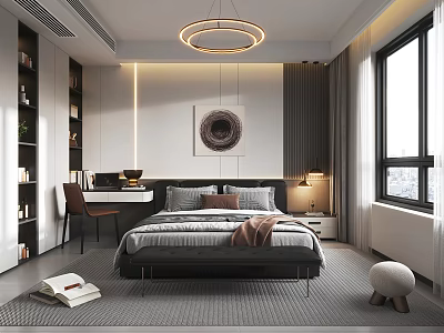 Modern Bedroom Interior Design With Bed Nightstand Table Lamp Desk Wall Art And Ceiling Lamp 3d model