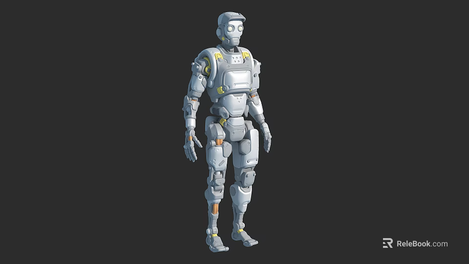 Humanoid Robot 3D Model With Mechanical Armor Silver Exterior And Yellow Accents 3d model 