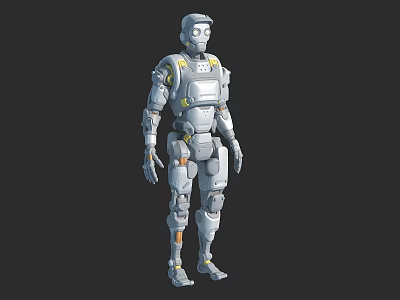 Humanoid Robot 3D Model With Mechanical Armor Silver Exterior And Yellow Accents 3d model