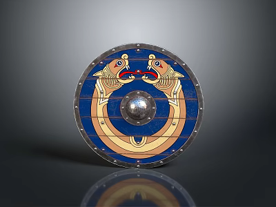 Round Shield With Blue Background And Yellow Fish Design Featuring Metal Center 3d model