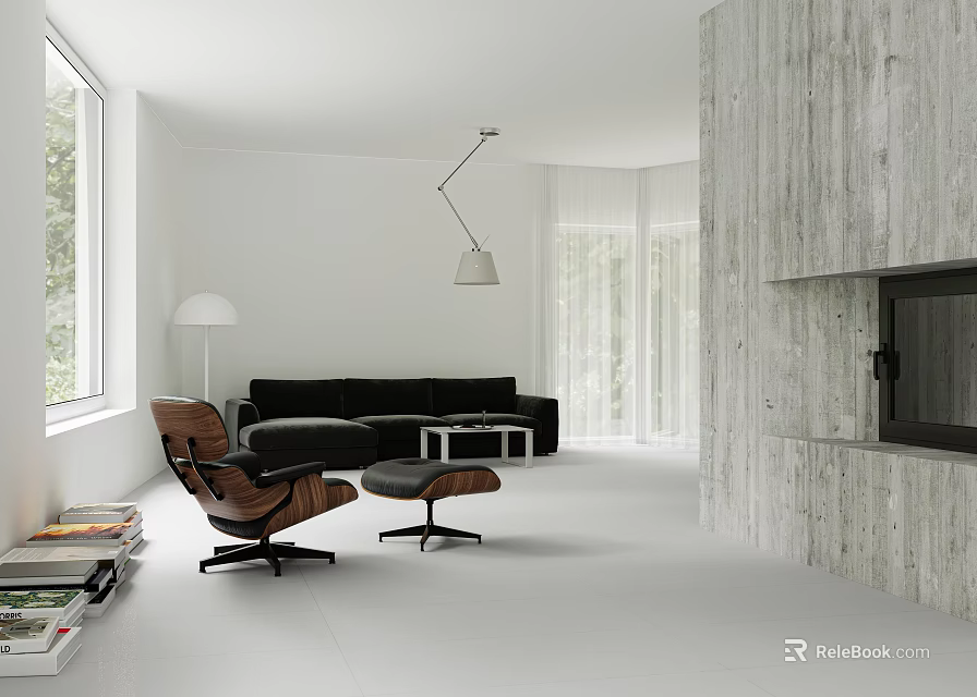 Modern Living Room Interior With White Walls Wooden Wall Black Sofa Brown Lounge Chair And Floor Lamp 3d model 