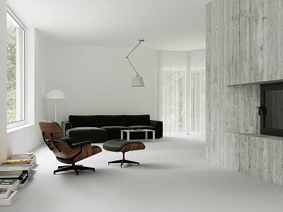 Modern Living Room Interior With White Walls Wooden Wall Black Sofa Brown Lounge Chair And Floor Lamp 3d model