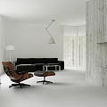 Modern Living Room Interior With White Walls Wooden Wall Black Sofa Brown Lounge Chair And Floor Lamp