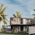 Modern Detached Villa With Glass Facade Balcony And Palm Trees Landscaped Garden