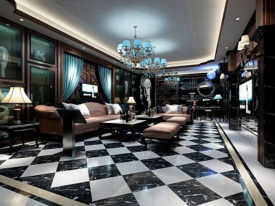 Luxurious KTV Room With Modern Interior Black And White Checkered Floor And Chandelier 3d model