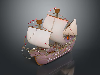 Ancient Sailing Ship Model Water Vessel With White Sails Purple Hull And Decorative Flags 3d model