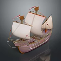 Ancient Sailing Ship Model Water Vessel With White Sails Purple Hull And Decorative Flags