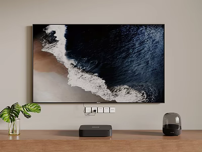 TV Displaying Ocean Wave Beach Scene On Wooden Stand With Green Plant Device And Speaker 3d model