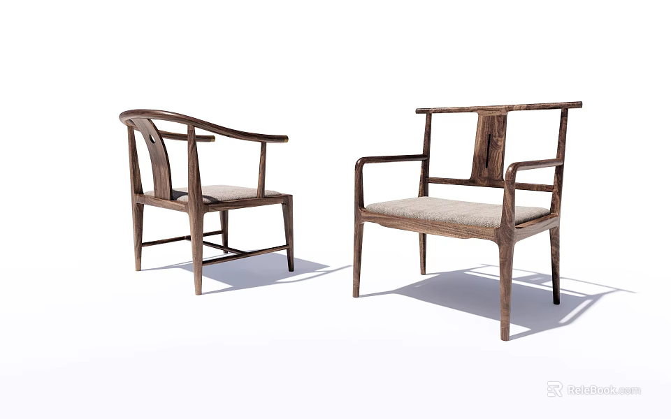 Two Wooden Armchairs Featuring Classic Design And Light Colored Upholstered Seats 3d model 