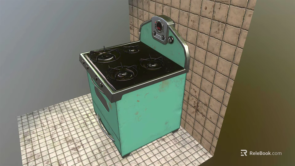 Vintage Green Kitchen Stove With Four Burners On Tiled Floor And Wall 3d model 