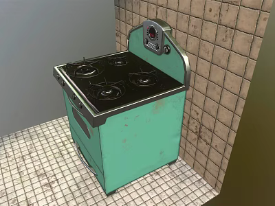 Vintage Green Kitchen Stove With Four Burners On Tiled Floor And Wall 3d model
