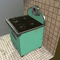 Vintage Green Kitchen Stove With Four Burners On Tiled Floor And Wall