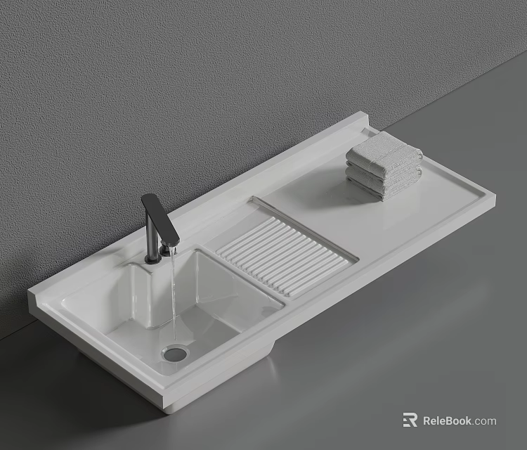 White Bathroom Washbasin With Modern Faucet Drainage Rack And Stack Of Towels 3d model 