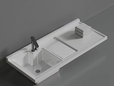 White Bathroom Washbasin With Modern Faucet Drainage Rack And Stack Of Towels 3d model