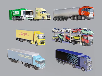 Various Types of Commercial Trucks in Different Colors and Functions 3d model